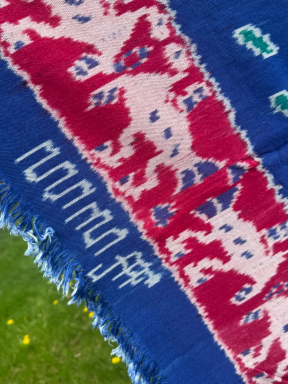True Ikat Cloth Wrap Throw Blue Green Wall Hanging Medium Weight Weaving 82 X 45